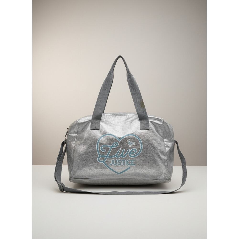 JUSTICE LIVE Silver Duffel Tote Bag Gymnastics Dance Cheer Sports